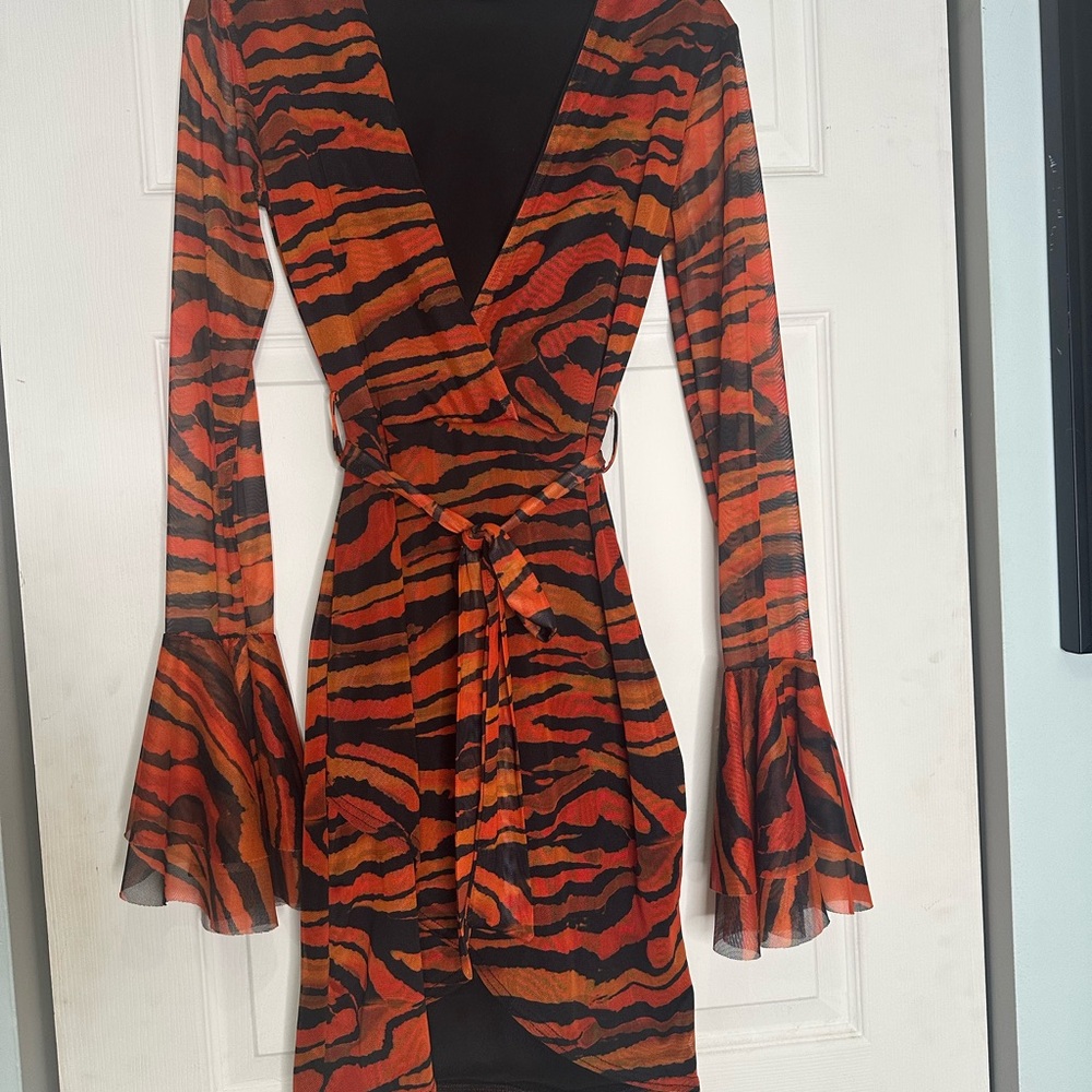 Orange and Black Tiger-Print Wrap Dress with Bell Sleeves